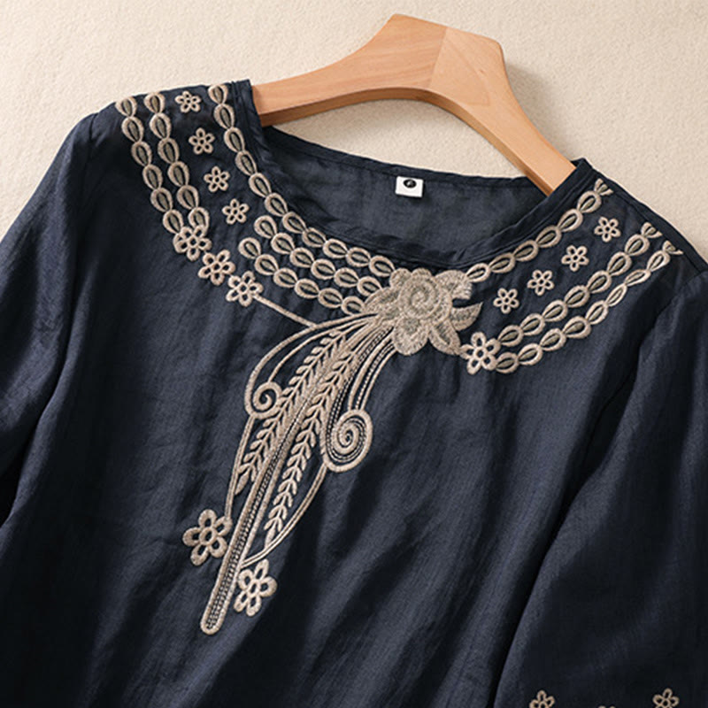 Chemise en coton et lin à manches courtes et col ras du cou pour femme Buddha Stones