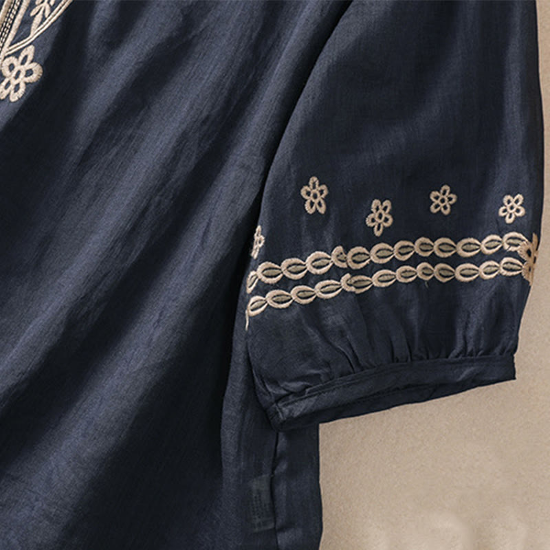 Chemise en coton et lin à manches courtes et col ras du cou pour femme Buddha Stones