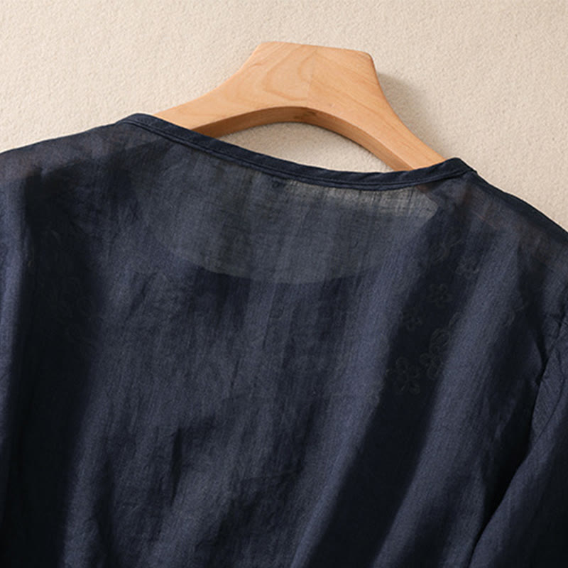 Chemise en coton et lin à manches courtes et col ras du cou pour femme Buddha Stones