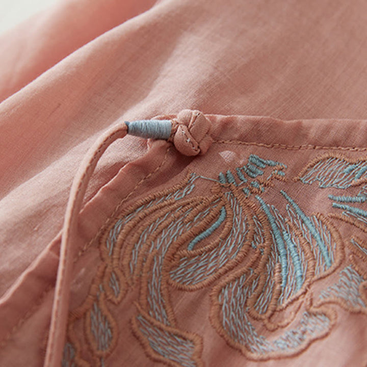 Chemise décontractée en coton et lin à manches trois-quarts pour femme avec broderies de plantes et Buddha Stones - image 4