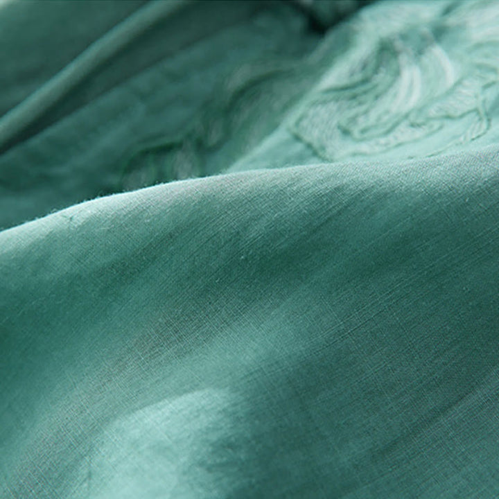 Chemise décontractée en coton et lin à manches trois-quarts pour femme avec broderies de plantes et Buddha Stones - image 25