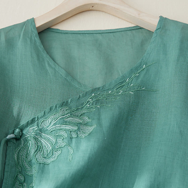 Chemise décontractée en coton et lin à manches trois-quarts pour femme avec broderies de plantes et Buddha Stones - image 23