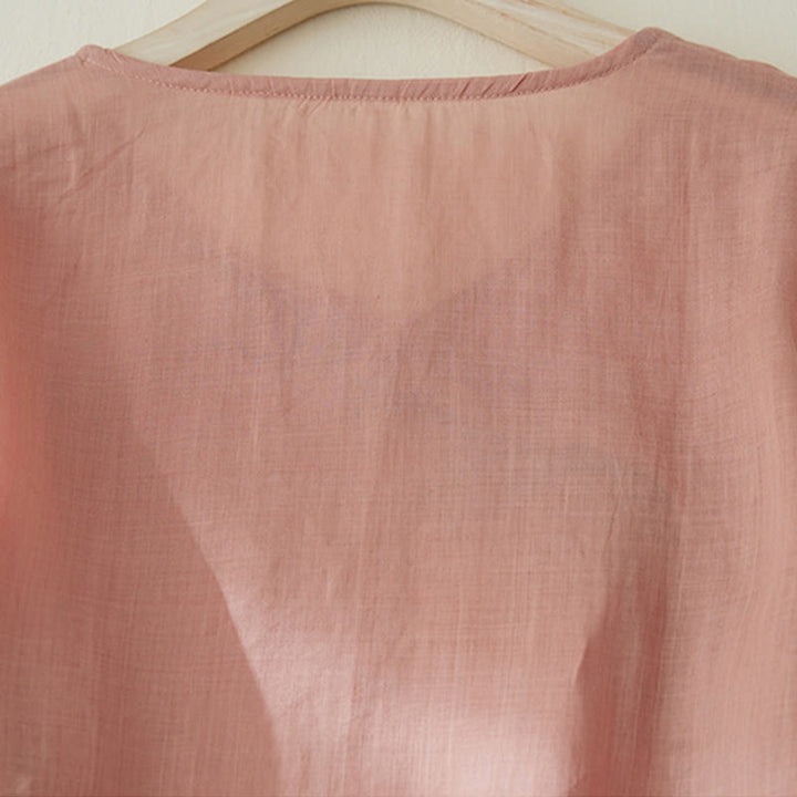 Chemise décontractée en coton et lin à manches trois-quarts pour femme avec broderies de plantes et Buddha Stones - image 3