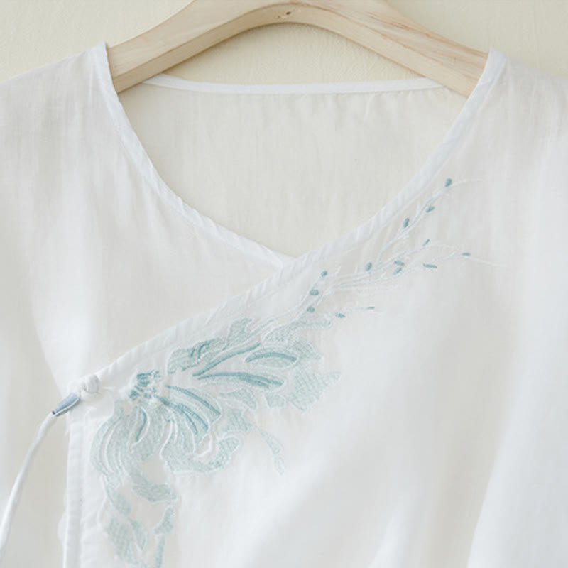 Chemise décontractée en coton et lin à manches trois-quarts pour femme avec broderies de plantes et Buddha Stones - image 9