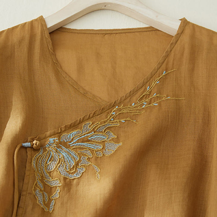 Chemise décontractée en coton et lin à manches trois-quarts pour femme avec broderies de plantes et Buddha Stones - image 15