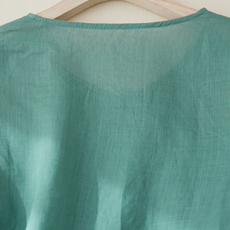 Chemise décontractée en coton et lin à manches trois-quarts pour femme avec broderies de plantes et Buddha Stones - image 24