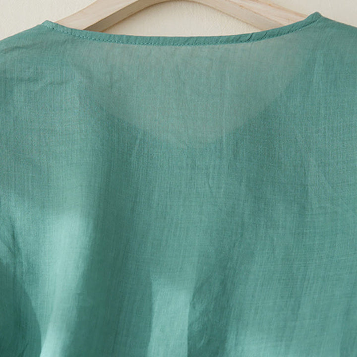 Chemise décontractée en coton et lin à manches trois-quarts pour femme avec broderies de plantes et Buddha Stones - image 24