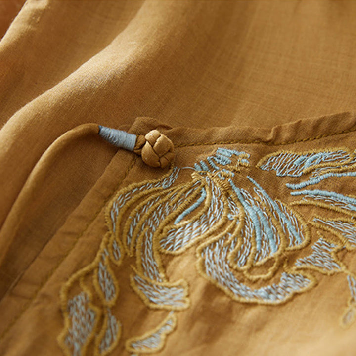 Chemise décontractée en coton et lin à manches trois-quarts pour femme avec broderies de plantes et Buddha Stones - image 17