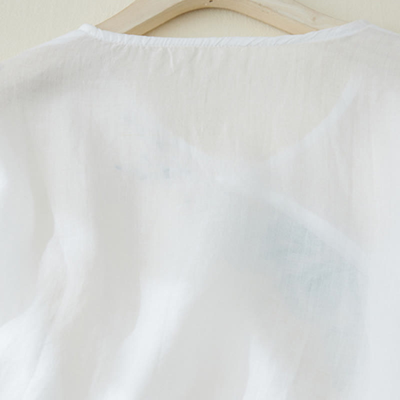 Chemise décontractée en coton et lin à manches trois-quarts pour femme avec broderies de plantes et Buddha Stones - image 10