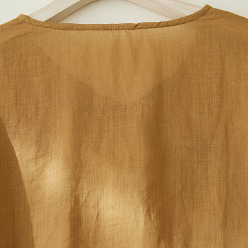 Chemise décontractée en coton et lin à manches trois-quarts pour femme avec broderies de plantes et Buddha Stones - image 17