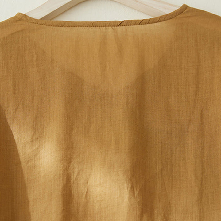 Chemise décontractée en coton et lin à manches trois-quarts pour femme avec broderies de plantes et Buddha Stones - image 17