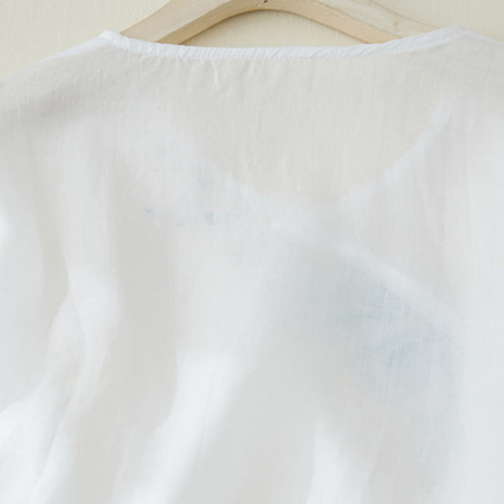 Chemise décontractée en coton et lin à manches trois-quarts pour femme avec broderies de plantes et Buddha Stones - image 11