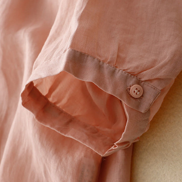 Chemise décontractée en coton et lin à manches mi-longues pour femme avec boucle en forme de grenouille et motif Buddha Stones
