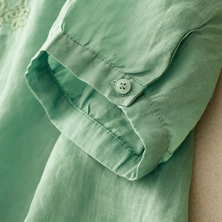 Chemise décontractée en coton et lin à manches mi-longues pour femme avec boucle en forme de grenouille et motif Buddha Stones - image 24