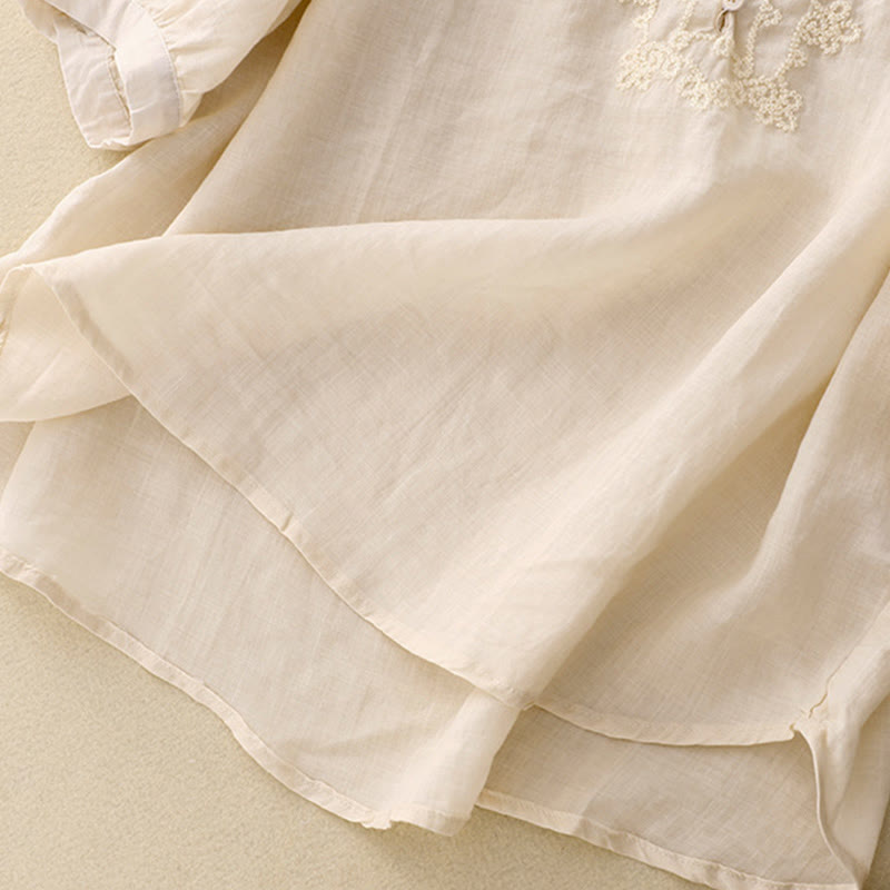 Chemise décontractée en coton et lin à manches mi-longues pour femme avec boucle en forme de grenouille et motif Buddha Stones - image 12