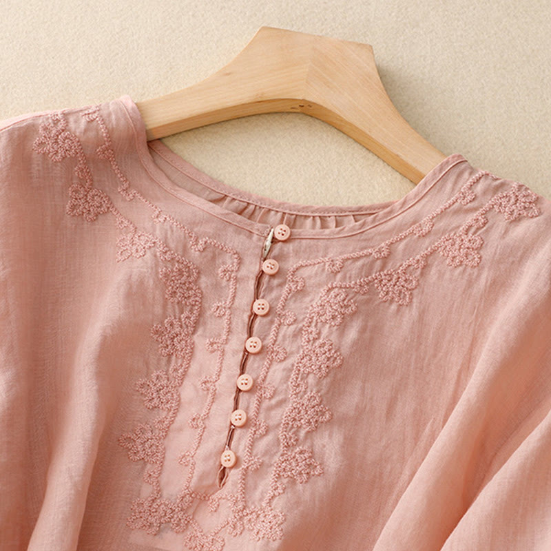 Chemise décontractée en coton et lin à manches mi-longues pour femme avec boucle en forme de grenouille et motif Buddha Stones - image 1