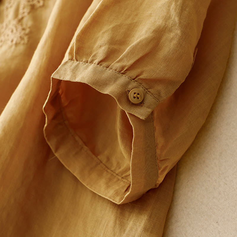 Chemise décontractée en coton et lin à manches mi-longues pour femme avec boucle en forme de grenouille et motif Buddha Stones - image 17