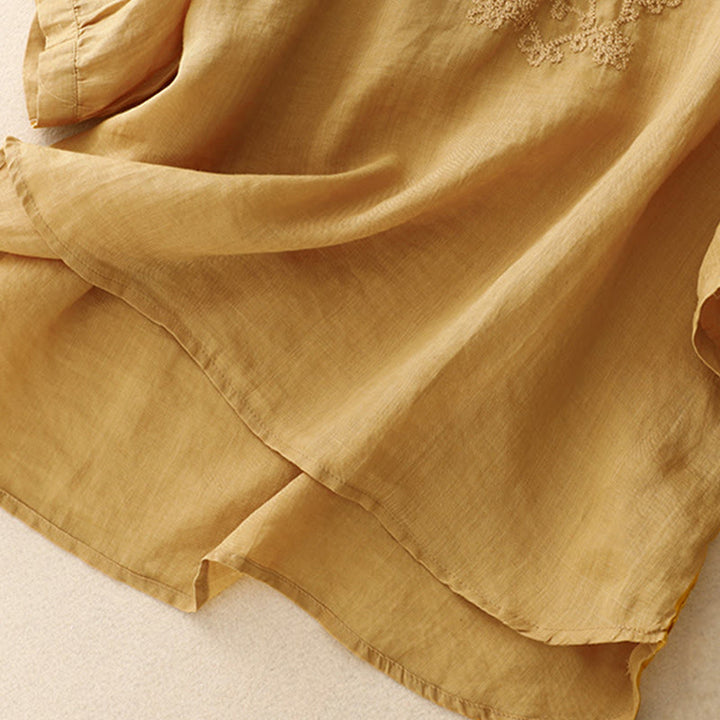 Chemise décontractée en coton et lin à manches mi-longues pour femme avec boucle en forme de grenouille et motif Buddha Stones - image 16