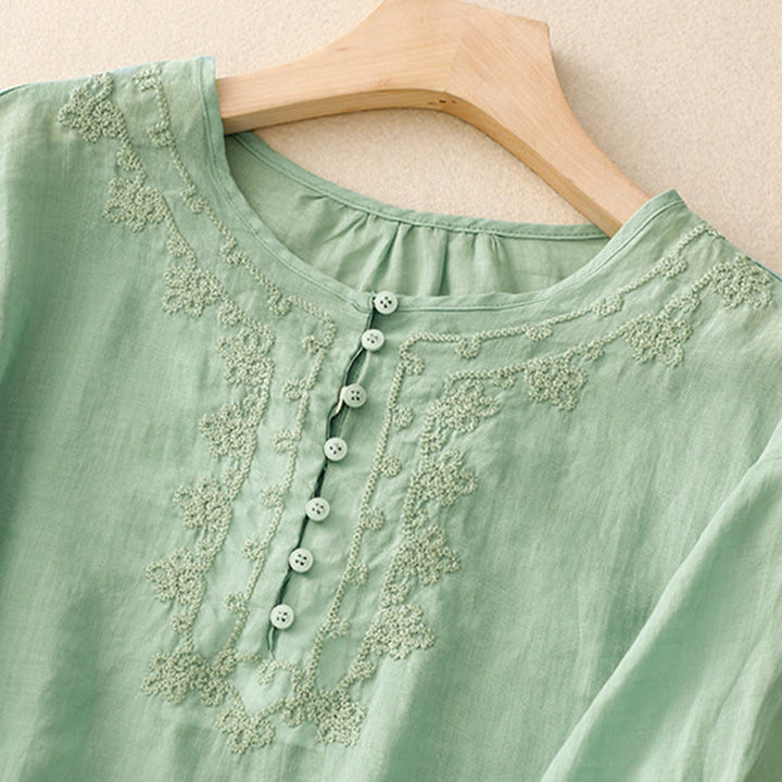 Chemise décontractée en coton et lin à manches mi-longues pour femme avec boucle en forme de grenouille et motif Buddha Stones - image 21