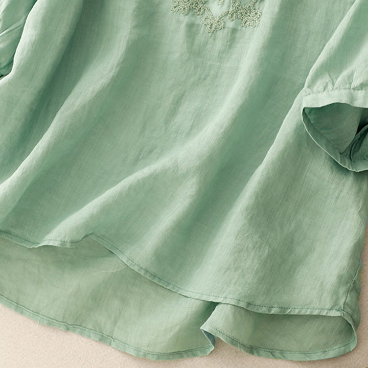 Chemise décontractée en coton et lin à manches mi-longues pour femme avec boucle en forme de grenouille et motif Buddha Stones - image 25