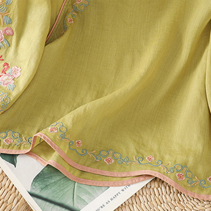 Chemise décontractée en coton et lin à manches trois-quarts pour femme avec col montant et broderie florale Buddha Stones