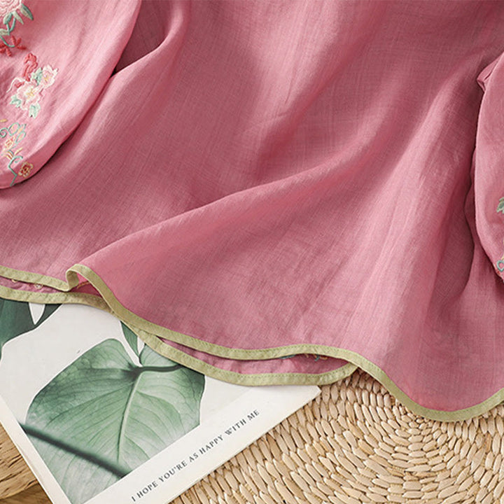 Chemise décontractée en coton et lin à manches trois-quarts pour femme avec col montant et broderie florale Buddha Stones