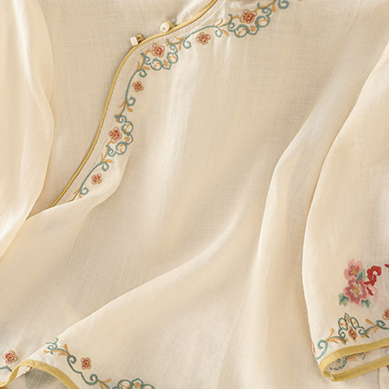 Chemise décontractée en coton et lin à manches trois-quarts pour femme avec col montant et broderie florale Buddha Stones