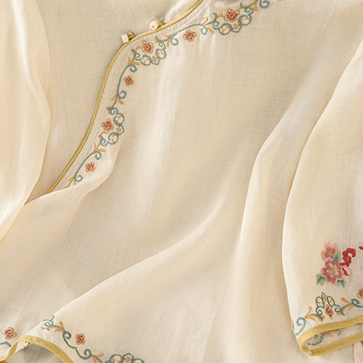 Chemise décontractée en coton et lin à manches trois-quarts pour femme avec col montant et broderie florale Buddha Stones