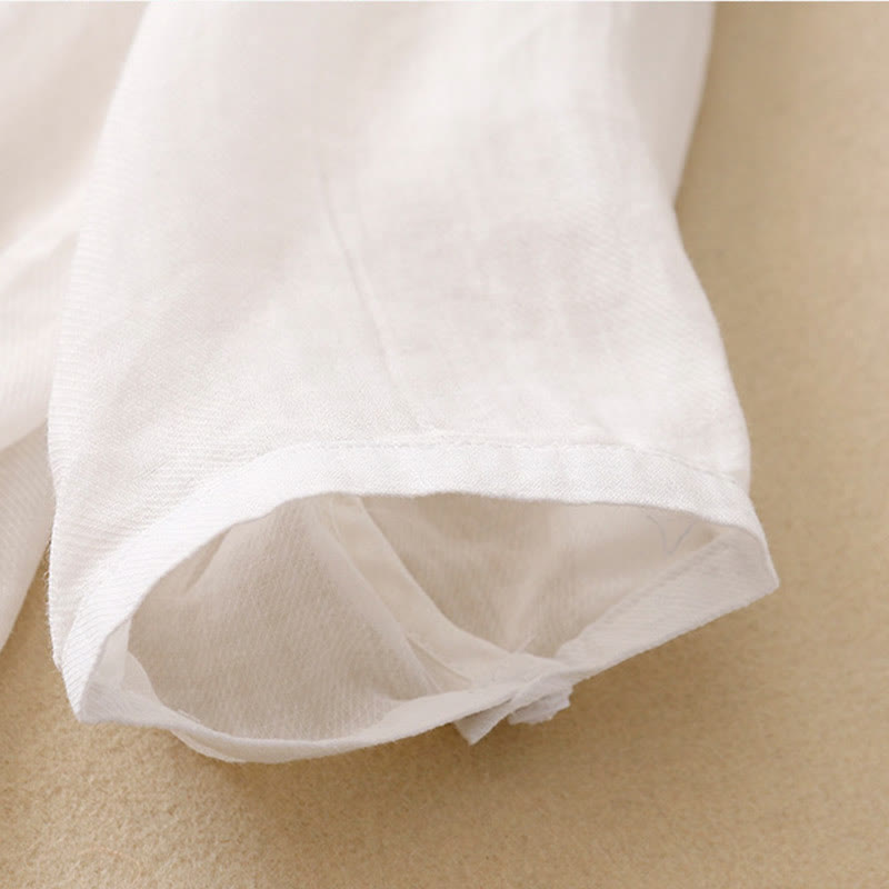 Chemise décontractée en coton et lin pour femme avec col montant et broderies de Buddha Stones