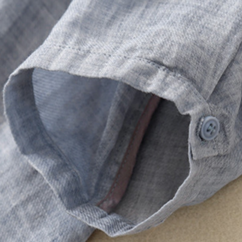 Chemise décontractée en coton et lin pour femme avec col montant et broderies de Buddha Stones
