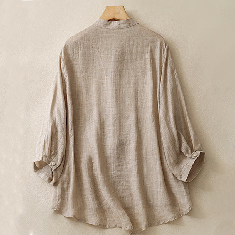 Chemise décontractée en coton et lin pour femme avec col montant et broderies de Buddha Stones