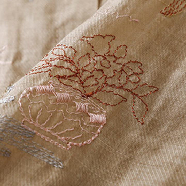 Chemise décontractée en coton et lin pour femme avec col montant et broderies de Buddha Stones