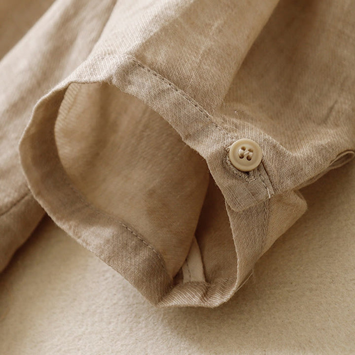 Chemise décontractée en coton et lin pour femme avec col montant et broderies de Buddha Stones