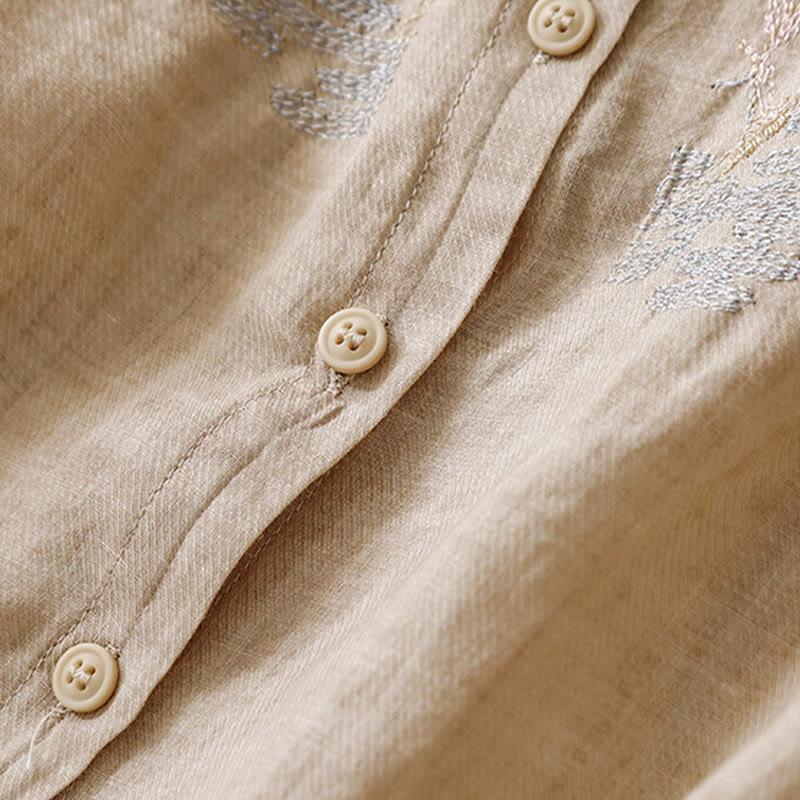 Chemise décontractée en coton et lin pour femme avec col montant et broderies de Buddha Stones