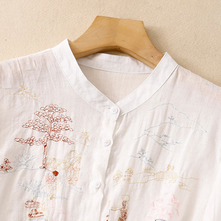 Chemise décontractée en coton et lin pour femme avec col montant et broderies de Buddha Stones