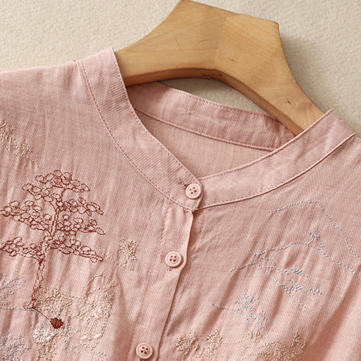 Chemise décontractée en coton et lin pour femme avec col montant et broderies de Buddha Stones