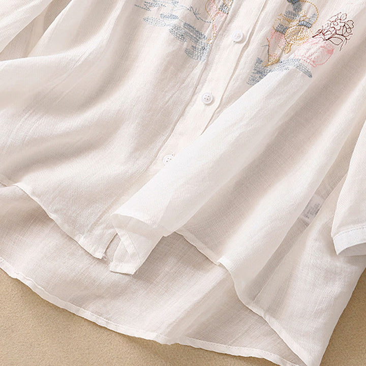 Chemise décontractée en coton et lin pour femme avec col montant et broderies de Buddha Stones