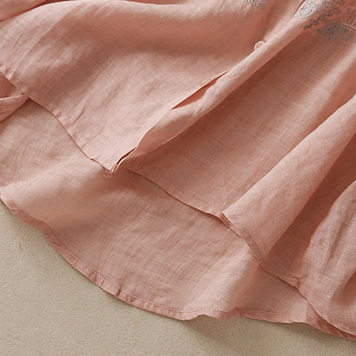 Chemise décontractée en coton et lin pour femme avec col montant et broderies de Buddha Stones