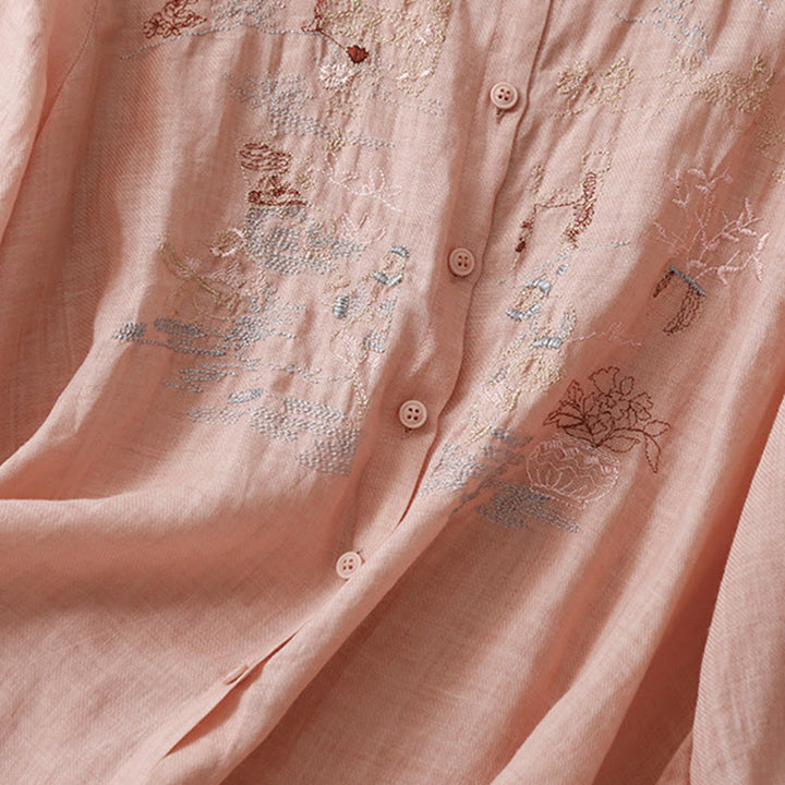 Chemise décontractée en coton et lin pour femme avec col montant et broderies de Buddha Stones