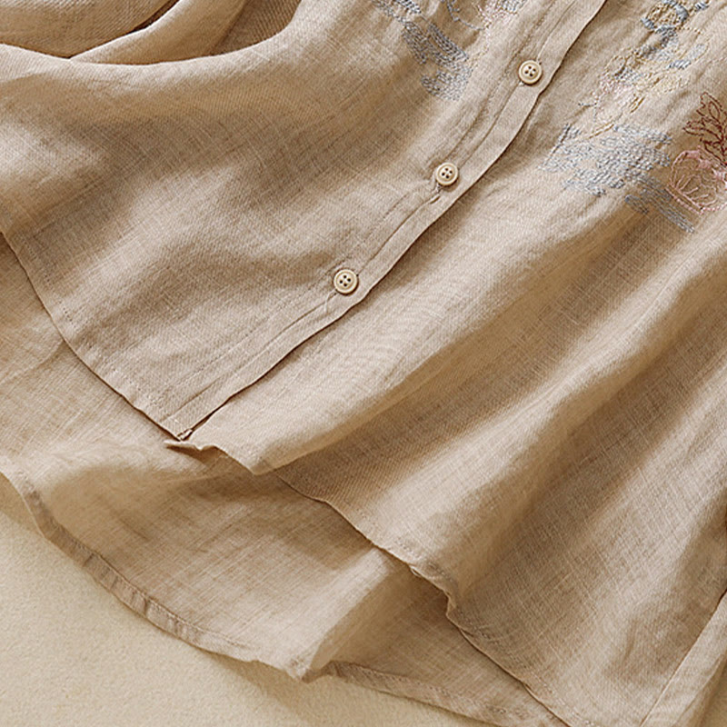 Chemise décontractée en coton et lin pour femme avec col montant et broderies de Buddha Stones