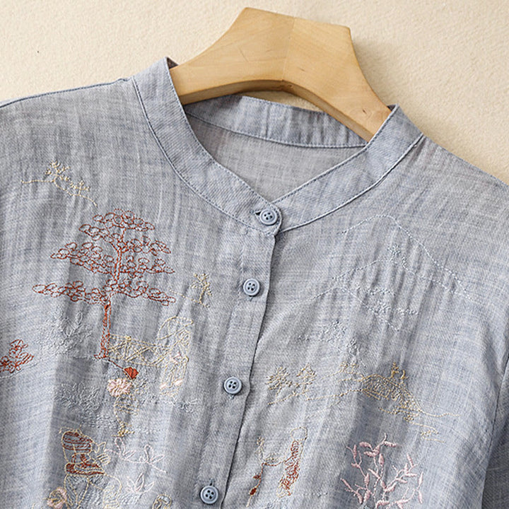 Chemise décontractée en coton et lin pour femme avec col montant et broderies de Buddha Stones
