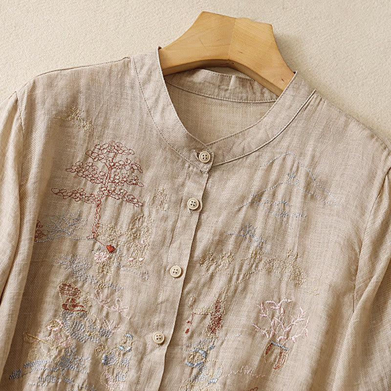 Chemise décontractée en coton et lin pour femme avec col montant et broderies de Buddha Stones