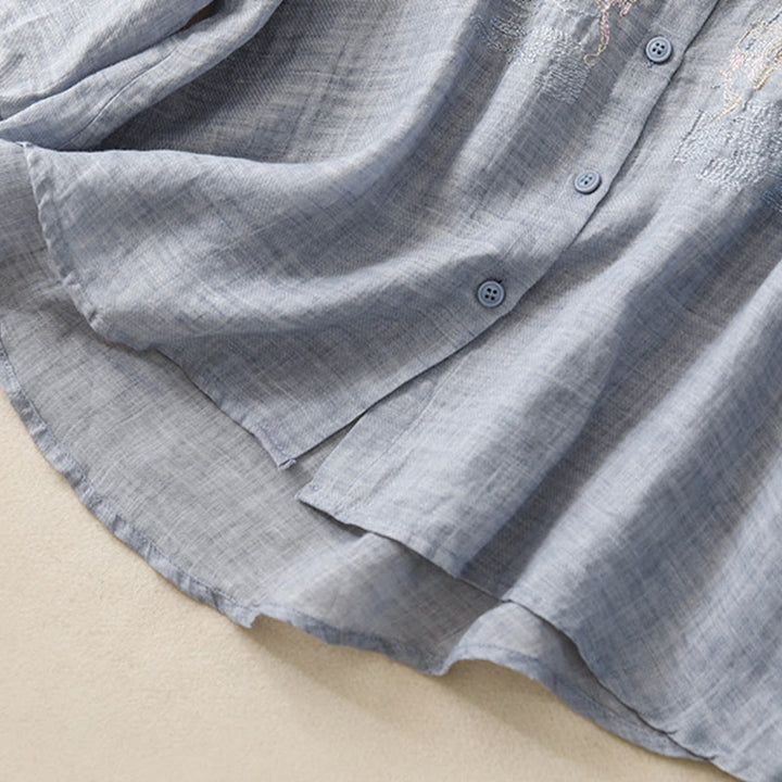 Chemise décontractée en coton et lin pour femme avec col montant et broderies de Buddha Stones
