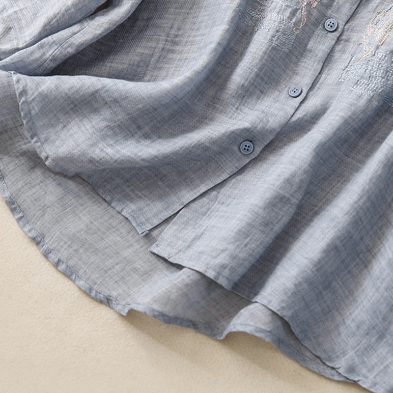 Chemise décontractée en coton et lin pour femme avec col montant et broderies de Buddha Stones