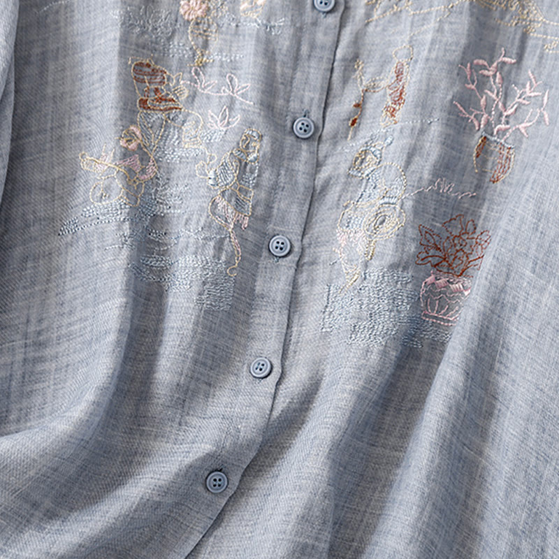 Chemise décontractée en coton et lin pour femme avec col montant et broderies de Buddha Stones