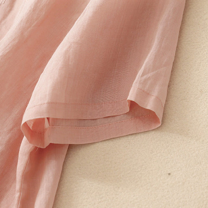 Chemise décontractée en coton et lin à manches mi-longues et col en V pour femme avec broderie de fleurs Buddha Stones