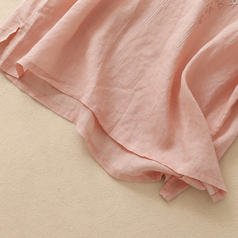 Chemise décontractée en coton et lin à manches mi-longues et col en V pour femme avec broderie de fleurs Buddha Stones - image 3