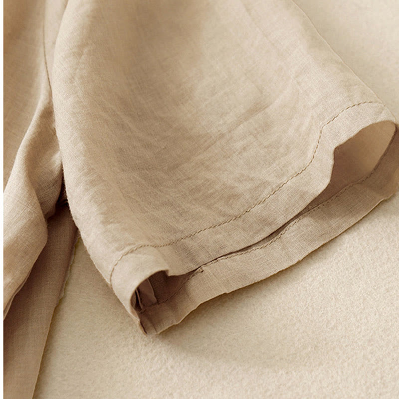 Chemise décontractée en coton et lin à manches mi-longues et col en V pour femme avec broderie de fleurs Buddha Stones