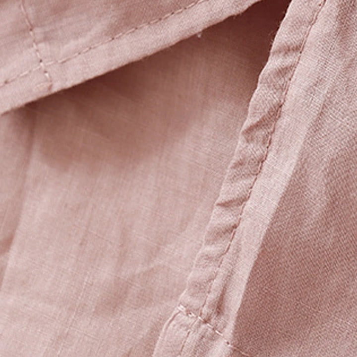 Chemise décontractée en coton et lin à manches mi-longues et col en V pour femme avec broderie de fleurs Buddha Stones