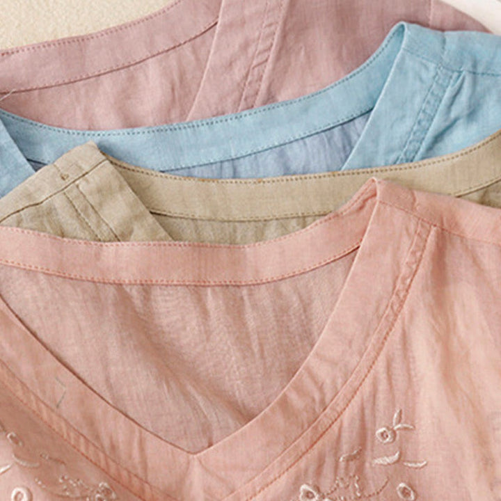 Chemise décontractée en coton et lin à manches mi-longues et col en V pour femme avec broderie de fleurs Buddha Stones